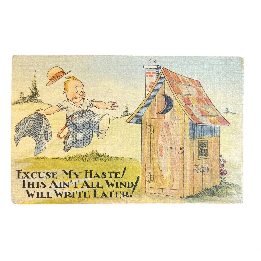 Vintage 1940s Postcard Comic Outhouse Humor Risque Novelty Art Mid-Century